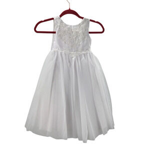 FLOWER GIRL PARTY SZ 4-5 Y white embroidered bow communion baptism NEW B118